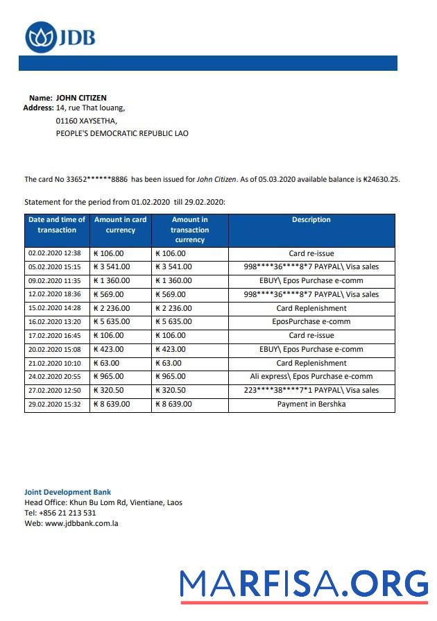 Downloadable Laos Joint Development bank (JDB) statement word sample